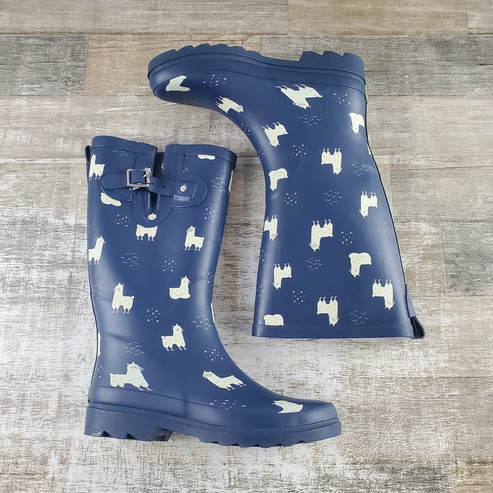 Western Chief Womens Rain Boots Sz 8 Navy Blue Llama Pattern Buckle Waterproof